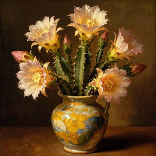Photograph of a ceramic vase with yellow floral patterns, holding bright white and pink daffodils with green, spiky stems, against a dark