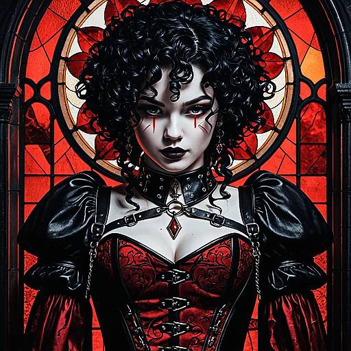 Dark Gothic Woman in Leather Corset with Stained Glass Background