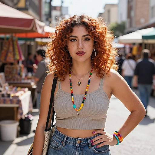 Photograph of a curly-haired woman with red hair, wearing a beige crop top, colorful beaded necklaces, and bracelets, standing confidently in a