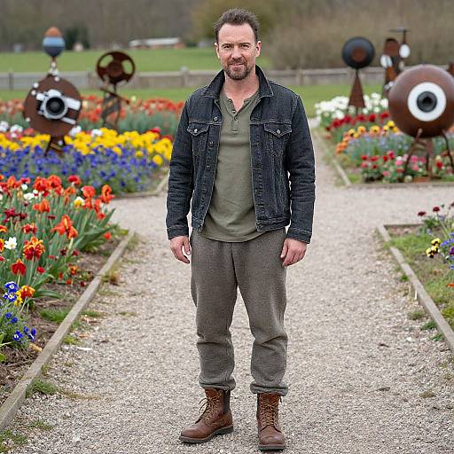 Photograph of a bearded man with short brown hair, wearing a dark denim jacket, olive green shirt, gray pants, and brown boots, standing