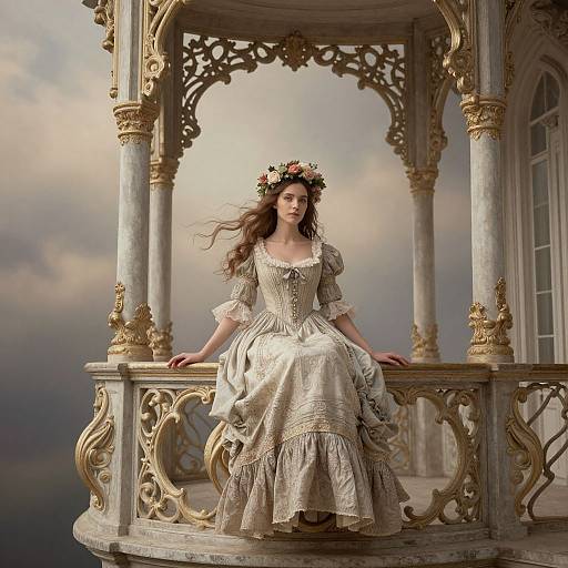 Photograph of a fair-skinned woman with long brown hair, wearing an ornate, cream-colored Victorian dress and floral crown, seated on a gold