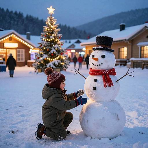 Child Building Snowman in Snowy Christmas Village