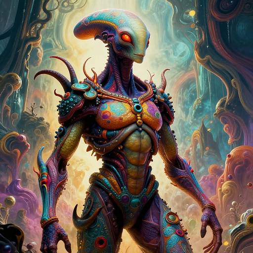 Digital artwork of a muscular, alien warrior with glowing red eyes, colorful, biomechanical armor, and a helmet with a fin, standing in a