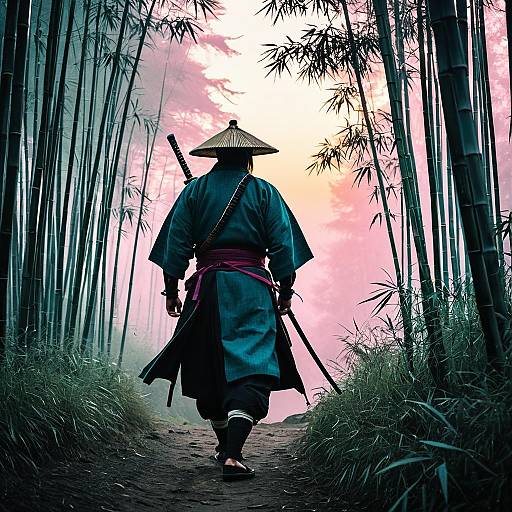 Wandering Samurai in Bamboo Forest at Sunrise