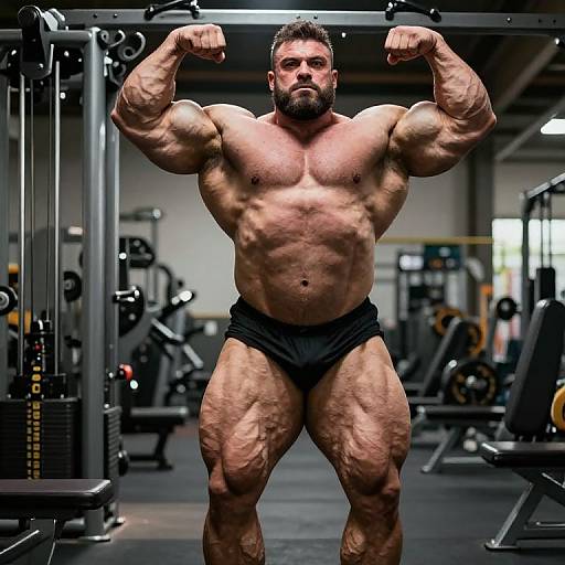 Photograph of a muscular, bearded man with a defined physique, flexing his biceps in a gym, wearing black briefs, surrounded by