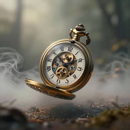 Photograph of a gold pocket watch with exposed gears and Roman numerals, suspended in mid-air, surrounded by mist, on a forest floor.