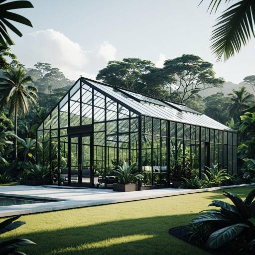 Modern Glass Greenhouse in Tropical Garden