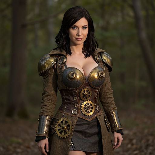 Digital art of a dark-haired woman in steampunk armor with brass gears and shoulder plates, standing in a forest.