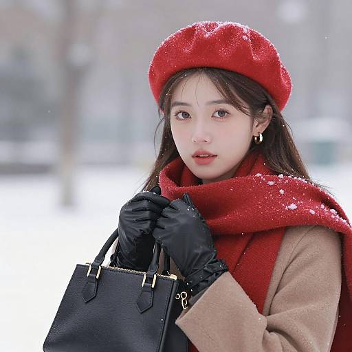 Young Woman in Red Beret and Scarf in Snow