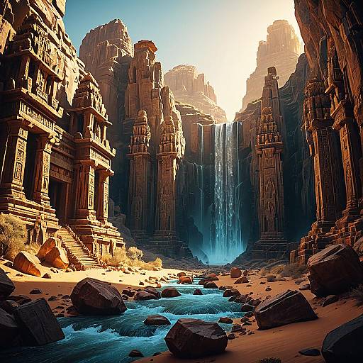 Ancient Desert Canyon with Carved Stone Temples and Waterfall