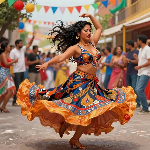 Photograph of a vibrant, Latina woman dancing in a colorful, festive street festival. She wears a patterned, orange and blue midriff top