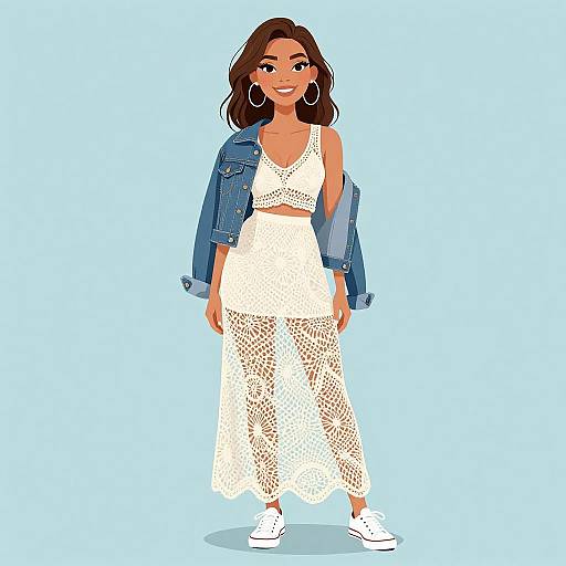 Digital illustration of a smiling woman with brown hair, wearing a white lace crop top and matching skirt, denim jacket, white sneakers, and large hoop earrings