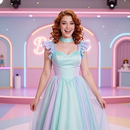 Photograph of a smiling redheaded woman with curly hair, wearing a light blue satin dress with ruffled sleeves, standing in a neon-lit,