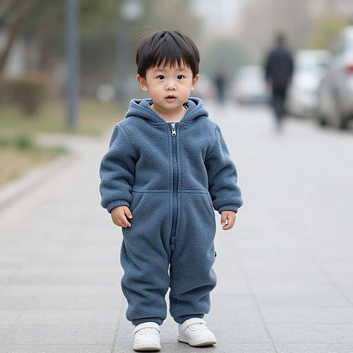 Photograph of a curious Asian toddler with black hair, wearing a blue fleece onesie and white shoes, walking on a blurred urban sidewalk.