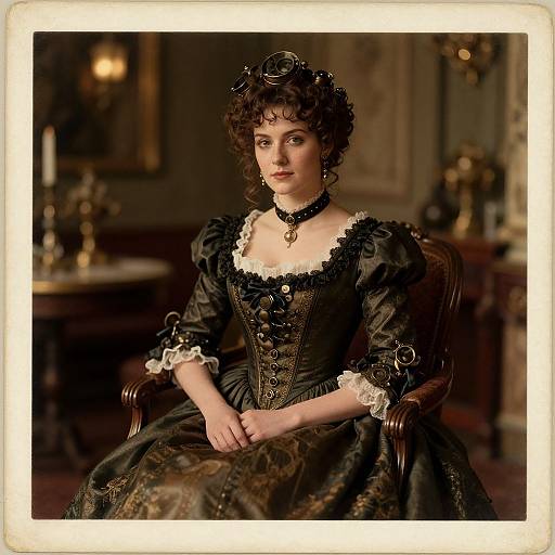 Victorian-era photograph of a pale-skinned woman with curly dark hair, wearing an elaborate black lace corset dress, sitting in a wooden chair,