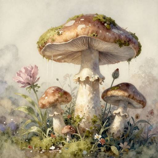 Soft Watercolor Giant Flowers and Mushrooms
