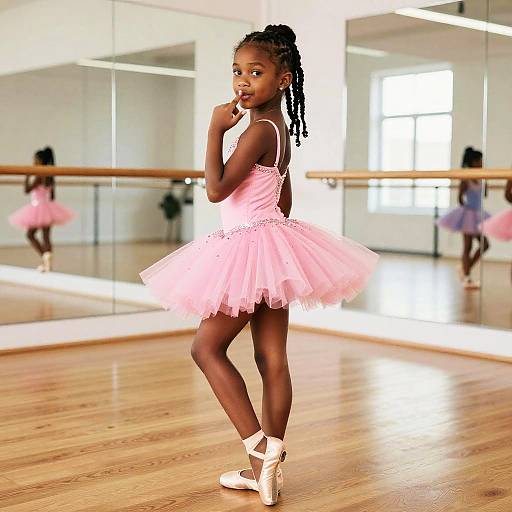 Photograph of a young Black girl with braided hair, wearing a pink tulle ballet dress and white ballet slippers, standing in a bright dance