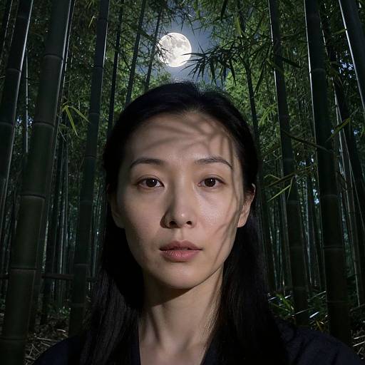 Photograph of an East Asian woman with long black hair, pale skin, and neutral expression, standing in a moonlit bamboo forest. Moonlight filters