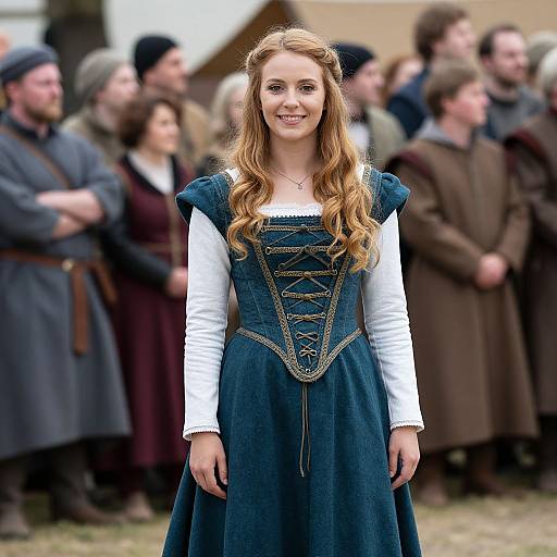 Photograph of a smiling young woman with long, wavy red hair, wearing a blue medieval-style dress over a white long-sleeve shirt,