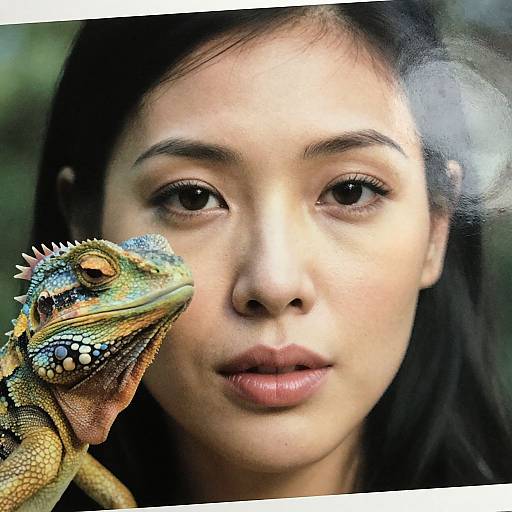 Photograph of an Asian woman with long black hair and fair skin, close-up face, holding a colorful iguana with a detailed, textured head
