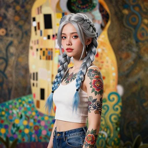 Silver-Blue Braided Muse in Surreal Landscape