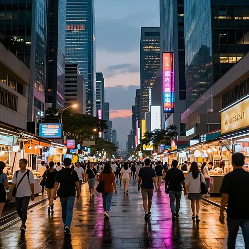 Photograph of a bustling city street at dusk, with illuminated neon signs, reflective wet pavement, and diverse pedestrians walking.