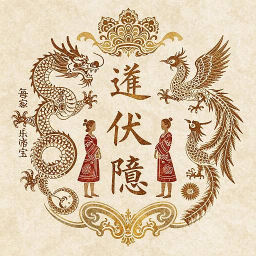 Asian Family Crest with Dragon and Phoenix