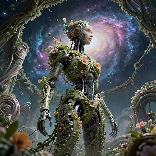 Digital art: Cybernetic female figure adorned with flowers, standing in a cosmic garden with a galaxy backdrop, surrounded by twisted, vine-like structures.