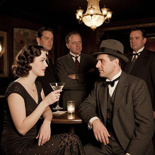 Vintage photograph of a 1940s-style bar scene: a woman in a black dress and pearls holds a martini, facing a man in a