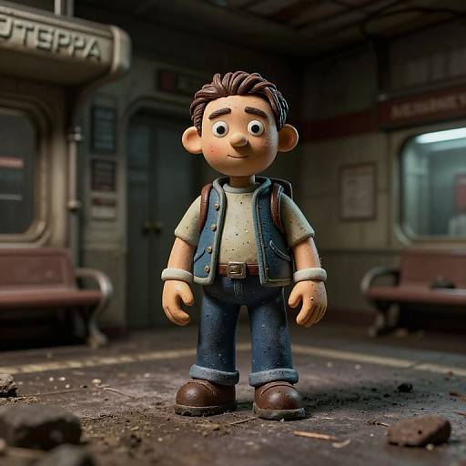 Photorealistic LEGO figure of a smiling boy with brown hair, wearing a denim vest, white shirt, blue jeans, and brown shoes, standing in