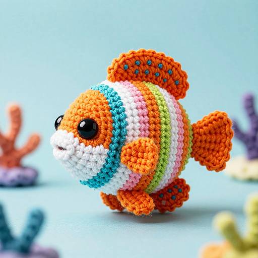 Colorful crochet clownfish with black eyes, orange body, white belly, blue and green stripes, and orange fins, set against a blurry blue background