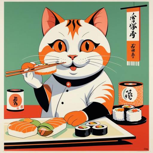 Anthropomorphic Cat Eating Sushi Lithograph