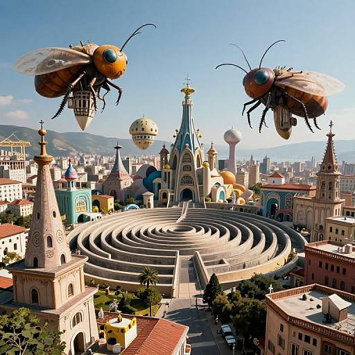 Digital artwork of a whimsical city with colorful buildings, spiral amphitheater, and two giant, realistic bees hovering above. Bright blue sky, mountains