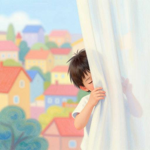 Digital artwork of a young boy with black hair peeking from behind a white curtain, with colorful, blurred suburban houses in the background.