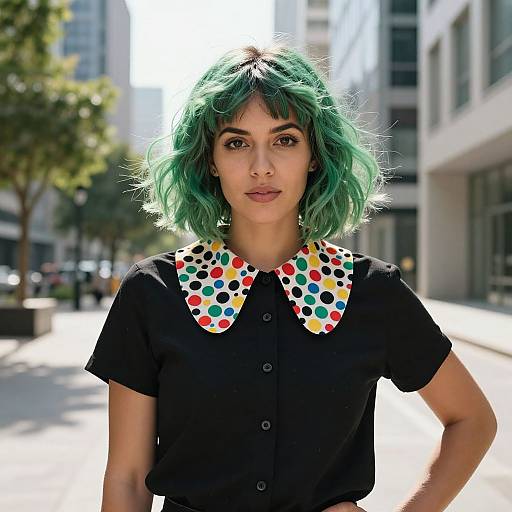 Photograph of a young woman with green, wavy hair, wearing a black shirt with a colorful polka dot collar, standing in a sunlit