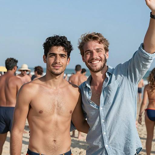 Beach Scene with Two Men Smiling
