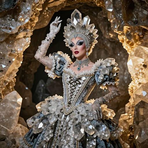 Photograph of an elaborate, crystal-embellished ballgown-wearing female model with dramatic makeup, feathered headpiece, and ornate