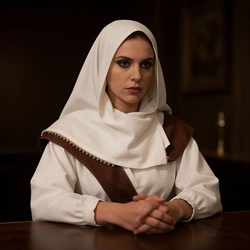 Photograph of a serious woman with fair skin, dark eyes, and dark makeup, wearing a white nun's habit with brown trim, sitting at a