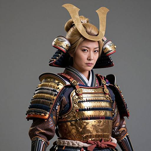 Photograph of an East Asian woman in ornate, gold and black Japanese samurai armor with intricate patterns, wearing a traditional helmet with horn-like adorn