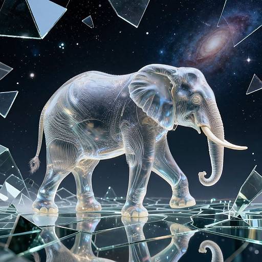 Digital CGI of a glowing, wireframe elephant with white tusks, standing on a reflective surface amidst shattered glass pieces, under a starry, galaxy