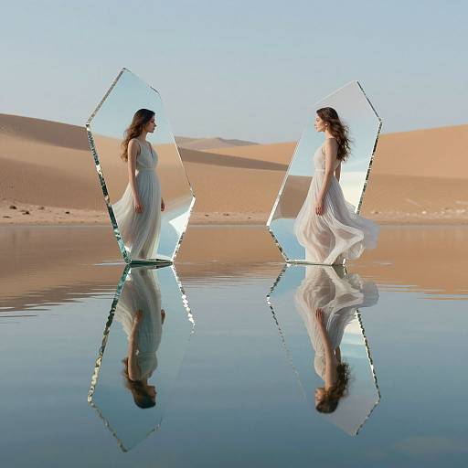 Photograph of two women in flowing white dresses standing on reflective water, holding transparent hexagonal frames, against a desert landscape.