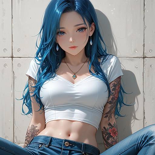 Young Woman with Blue Hair and Tattoos