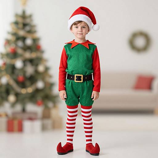 Photograph of a young boy in a green elf costume with red sleeves, striped red-and-white leggings, black belt, and red shoes, standing in