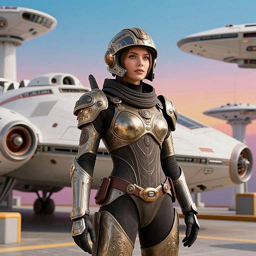 CGI image of a female space pilot in detailed, metallic armor with a helmet, standing on a futuristic spaceship deck at sunset, with two hovering spacecraft