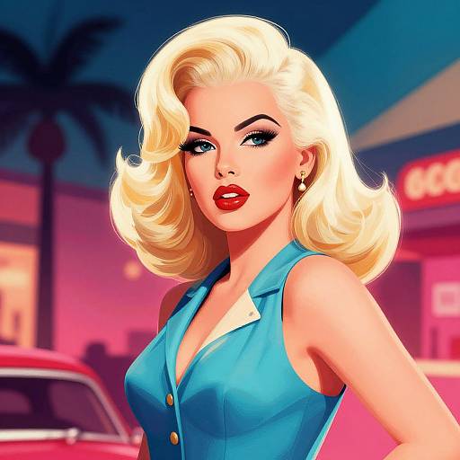 Digital illustration of a blonde, blue-eyed woman with red lipstick, wearing a blue sleeveless blouse, against a neon-lit, retro background with a