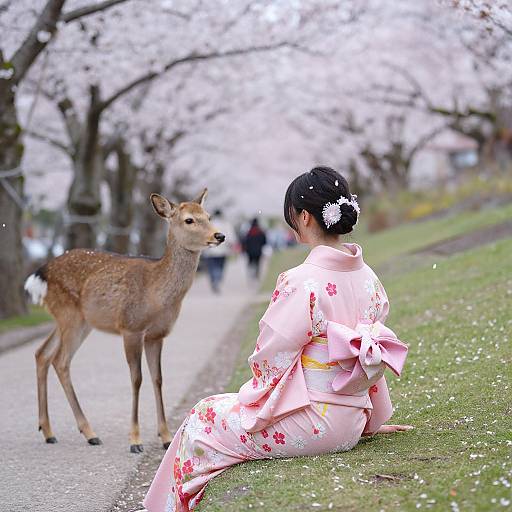Photograph of a Japanese woman in a pink floral kimono, sitting on a grassy path, facing a deer with delicate cherry blossoms in the