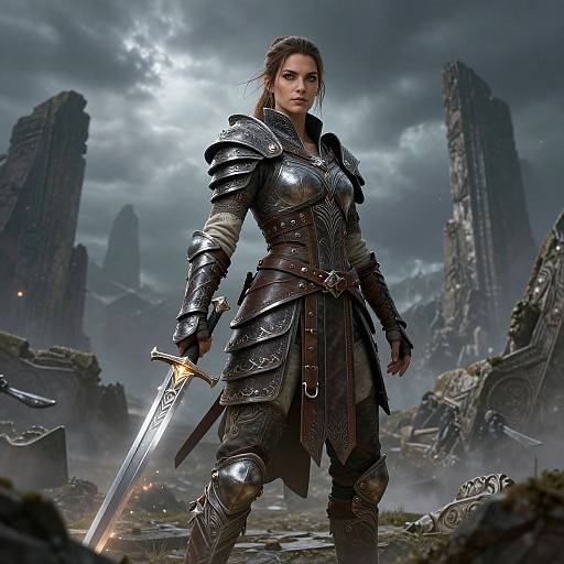 Digital artwork of a fierce female warrior in silver armor, holding a glowing sword, standing in a ruined, cloudy, medieval landscape.