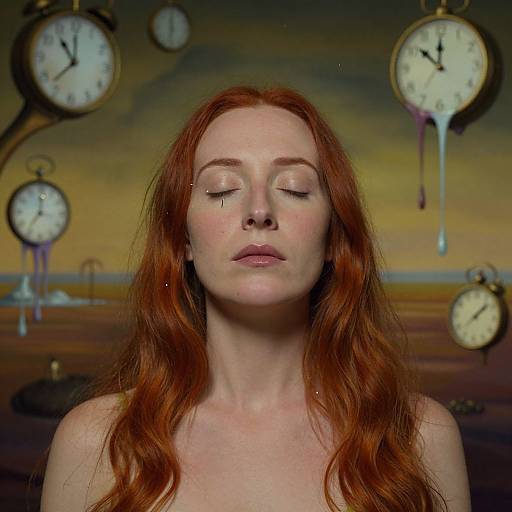 Photograph of a red-haired woman with closed eyes, serene expression, against a surreal background of floating clocks with dripping hands.