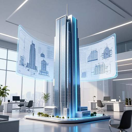 Photorealistic CGI of a modern office with a glowing, blue-lit skyscraper model at its center, surrounded by illuminated cityscape projections.