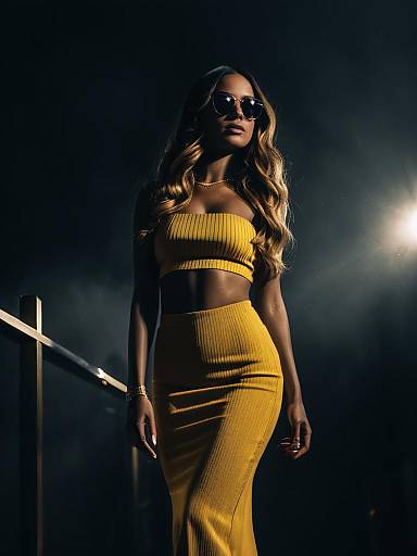 Woman in Mustard Ribbed Two-Piece Outfit